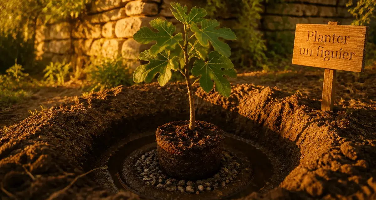 Quand et comment planter un figuier : motte dans le trou de plantation