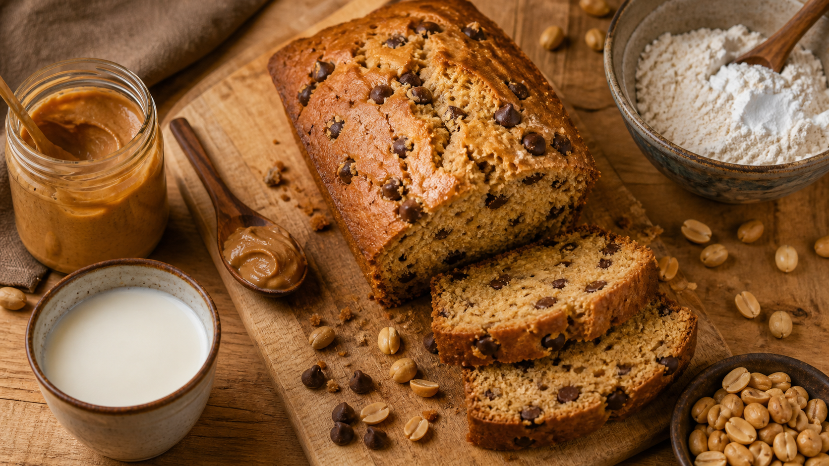 Recette gâteau au beurre de cacahuète facile : cake fondant au lait, pépites de chocolat, cacahuètes grillées