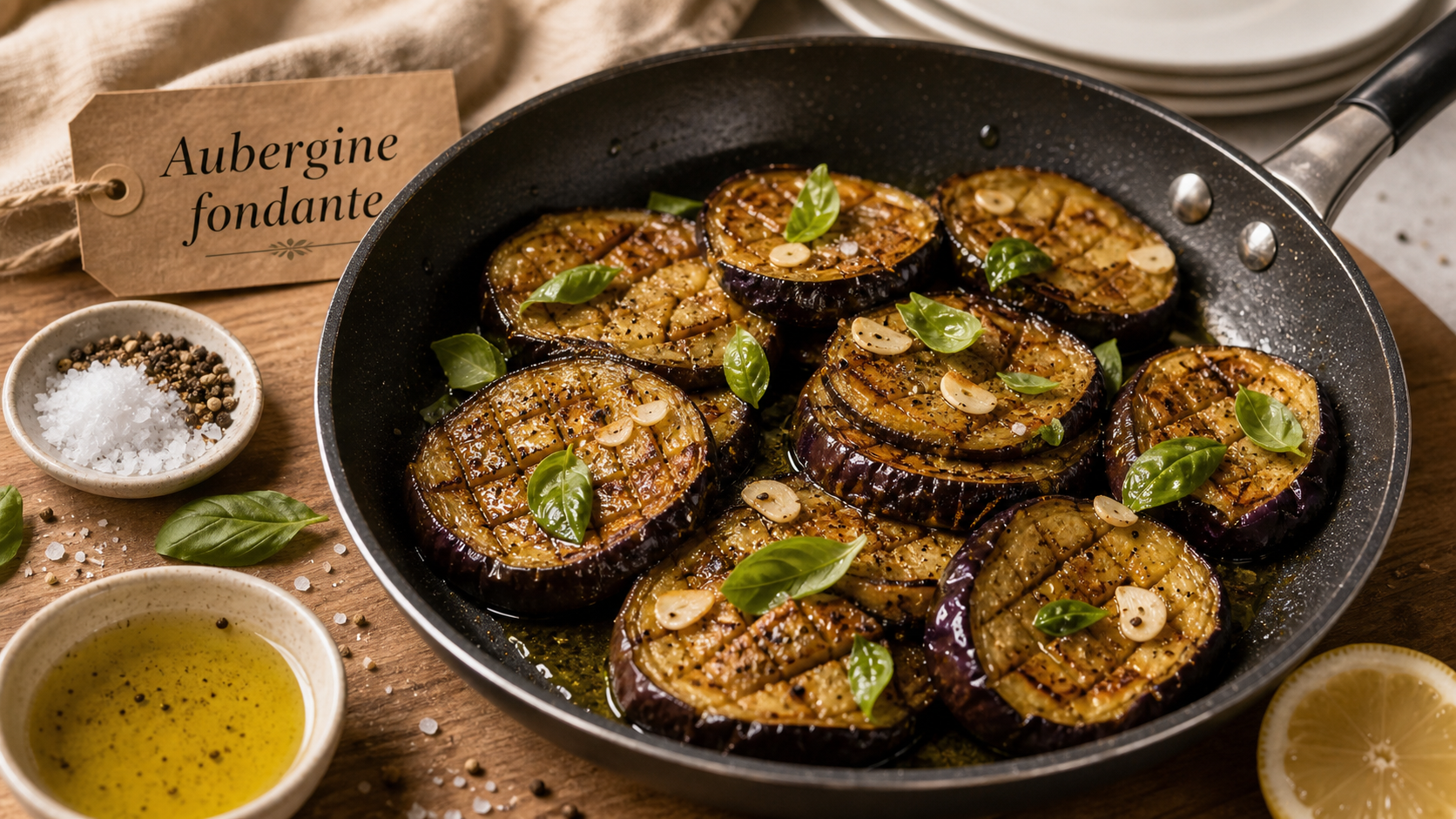 Aubergine fondante à la poêle, tranches dorées à l’huile d’olive, basilic et ail