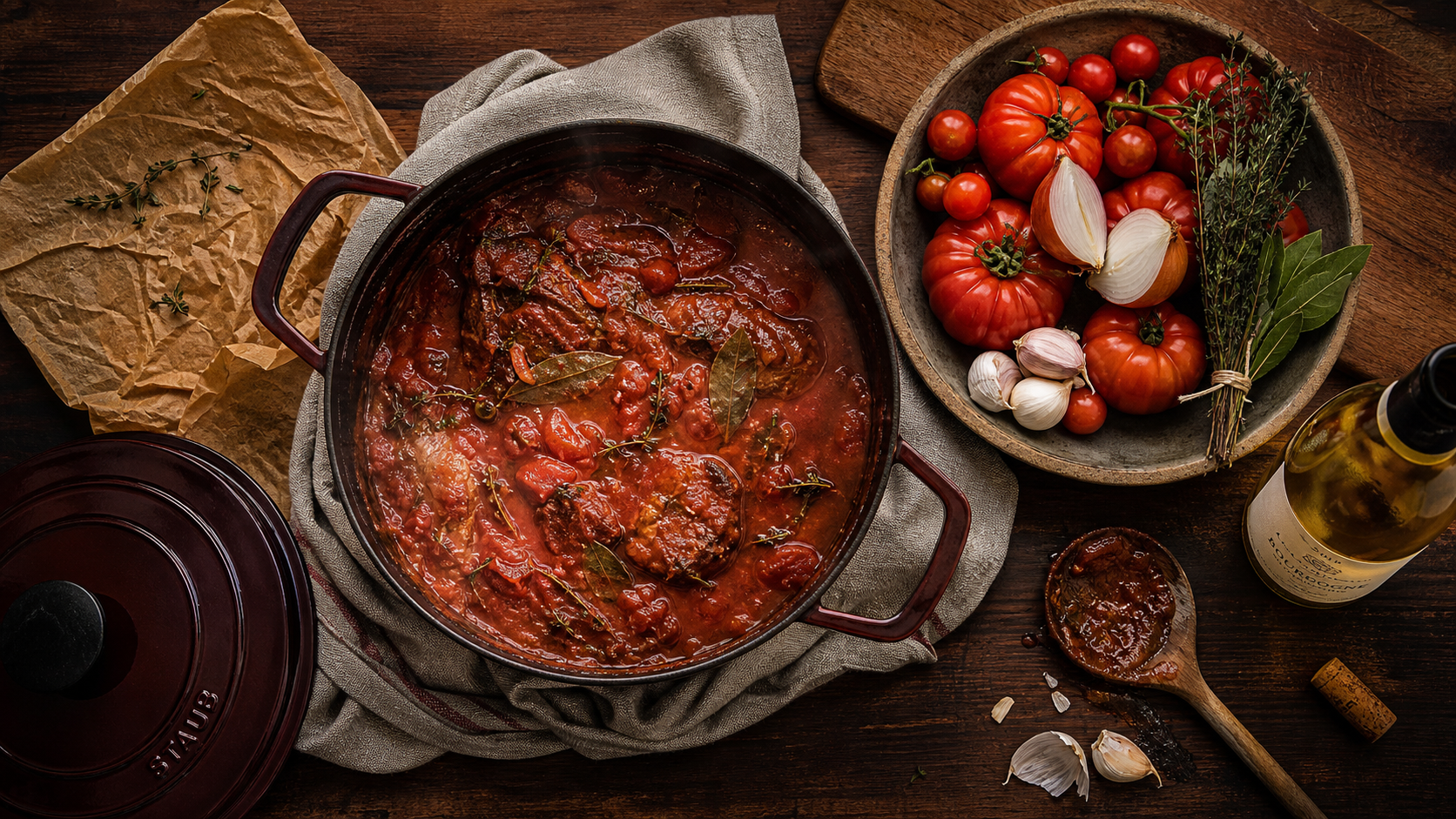 Sauce tomate maison grand-mère, cocotte fumante et tomates mûres