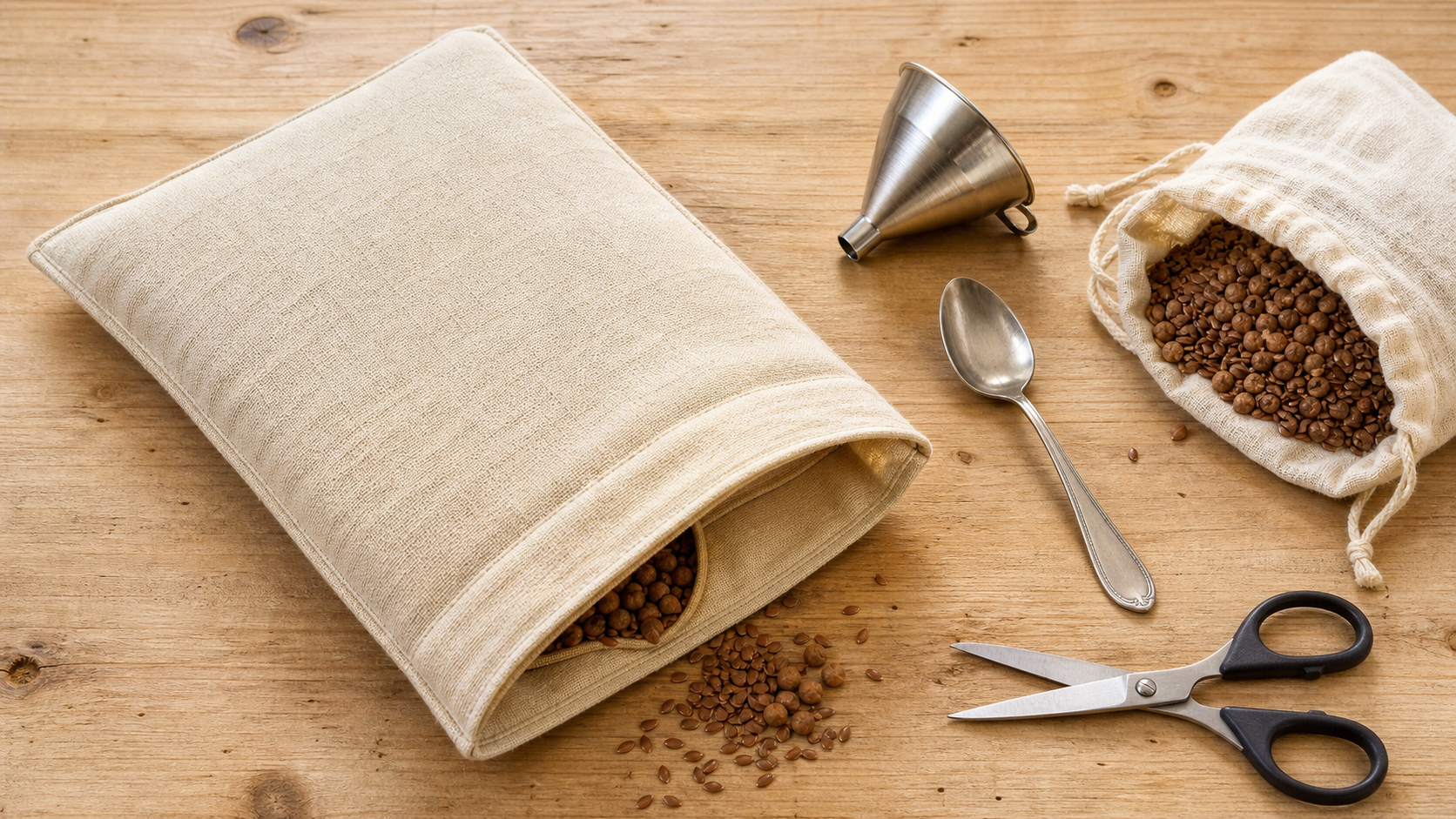 tutoriel bouillotte seche : bouillotte sèche maison en tissu coton beige sur table en bois