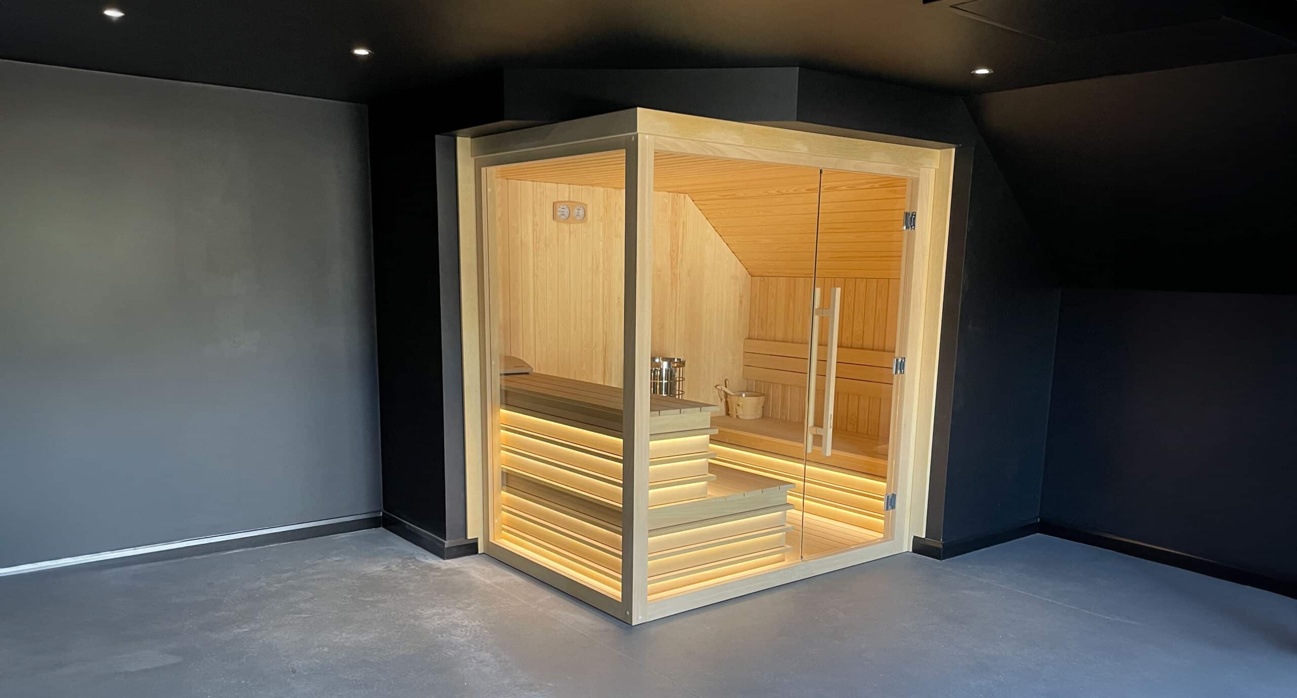 The Miramonte Sauna - A modern indoor sauna with glass walls and wooden interior