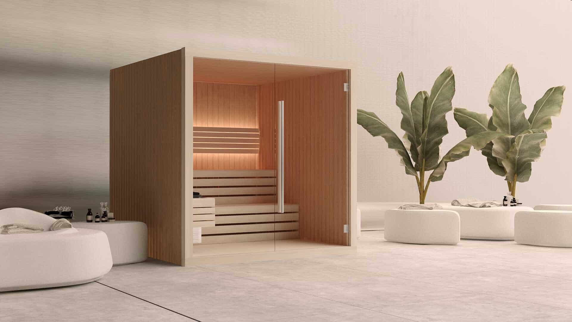 A comfortable, modern sauna cabin with wooden interior.