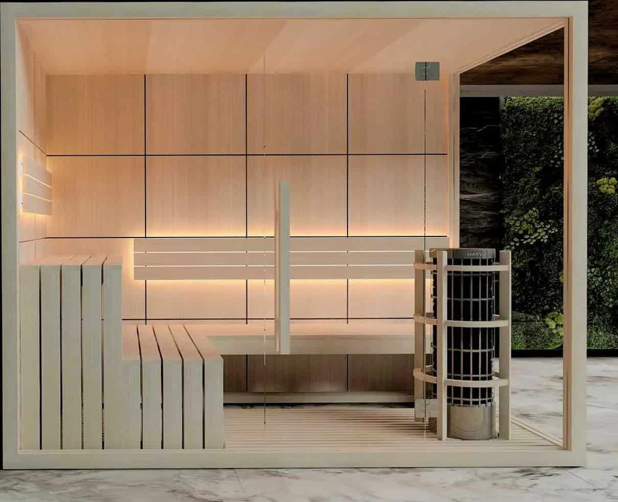 Sauna Plus modern infrared sauna with wooden interior, designed for relaxation and wellness, featuring sleek panels and ambient lighting, ideal for home spa environments.