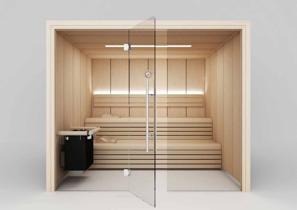 Modern infrared sauna cabin with wooden interior, designed for relaxation and wellness at home, featuring sleek benches and ambient lighting for a luxurious spa experience.