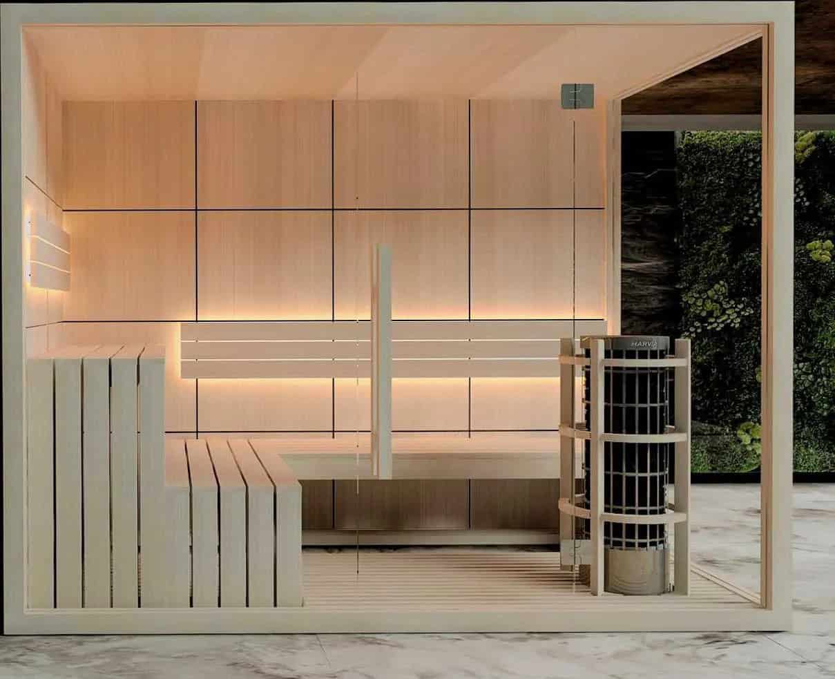 Relaxing sauna room with wooden interior, modern design, and ambient lighting, ideal for wellness and relaxation at Sauna Plus.