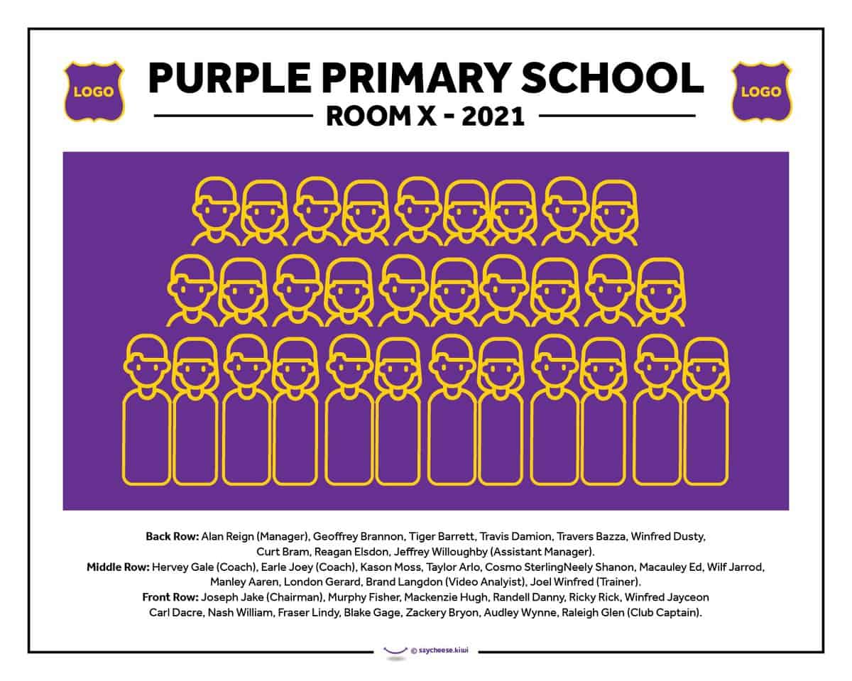 Yellow outline school class photo on purple background.