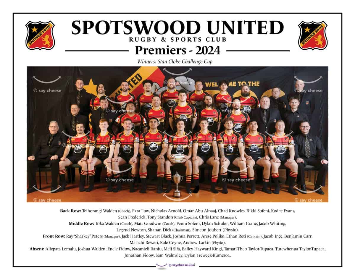 Spotswood United rugby team celebrating win in 2024 season.