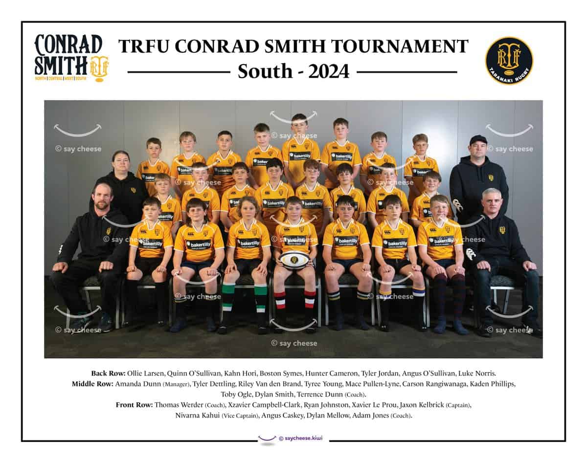 Team of young rugby players and coaches from TRFU Conrad Smith Tournament South 2024.