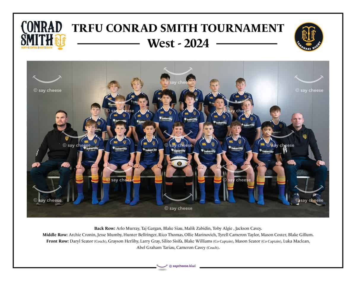 Blue rugby team photo for Say Cheese website, featuring players and coaches.