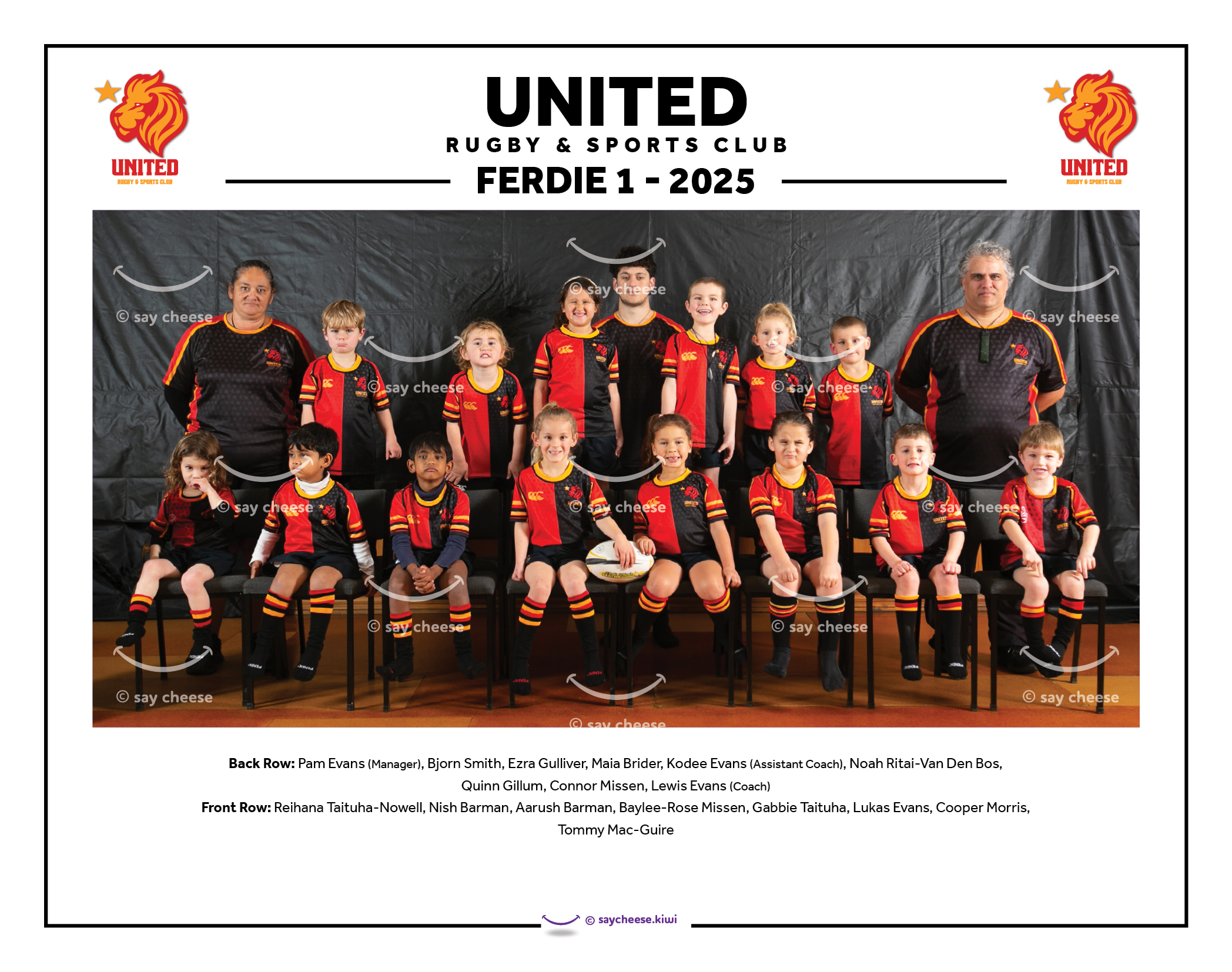 Youth rugby team photo in red and black jerseys, team members with coaches, all smiling.
