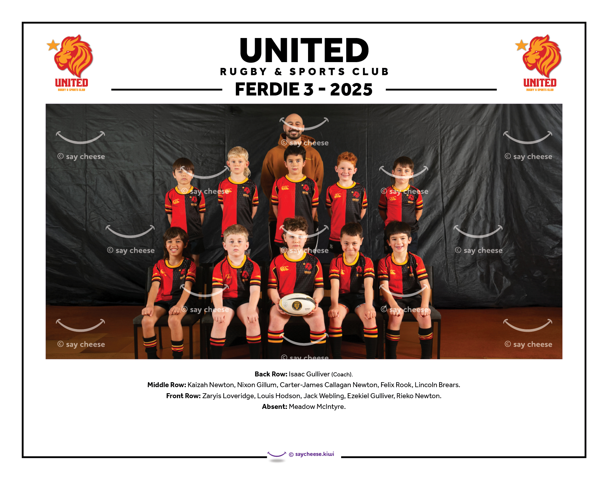 Kids rugby team photo with coach, wearing red and black jerseys, indoor sports setting.