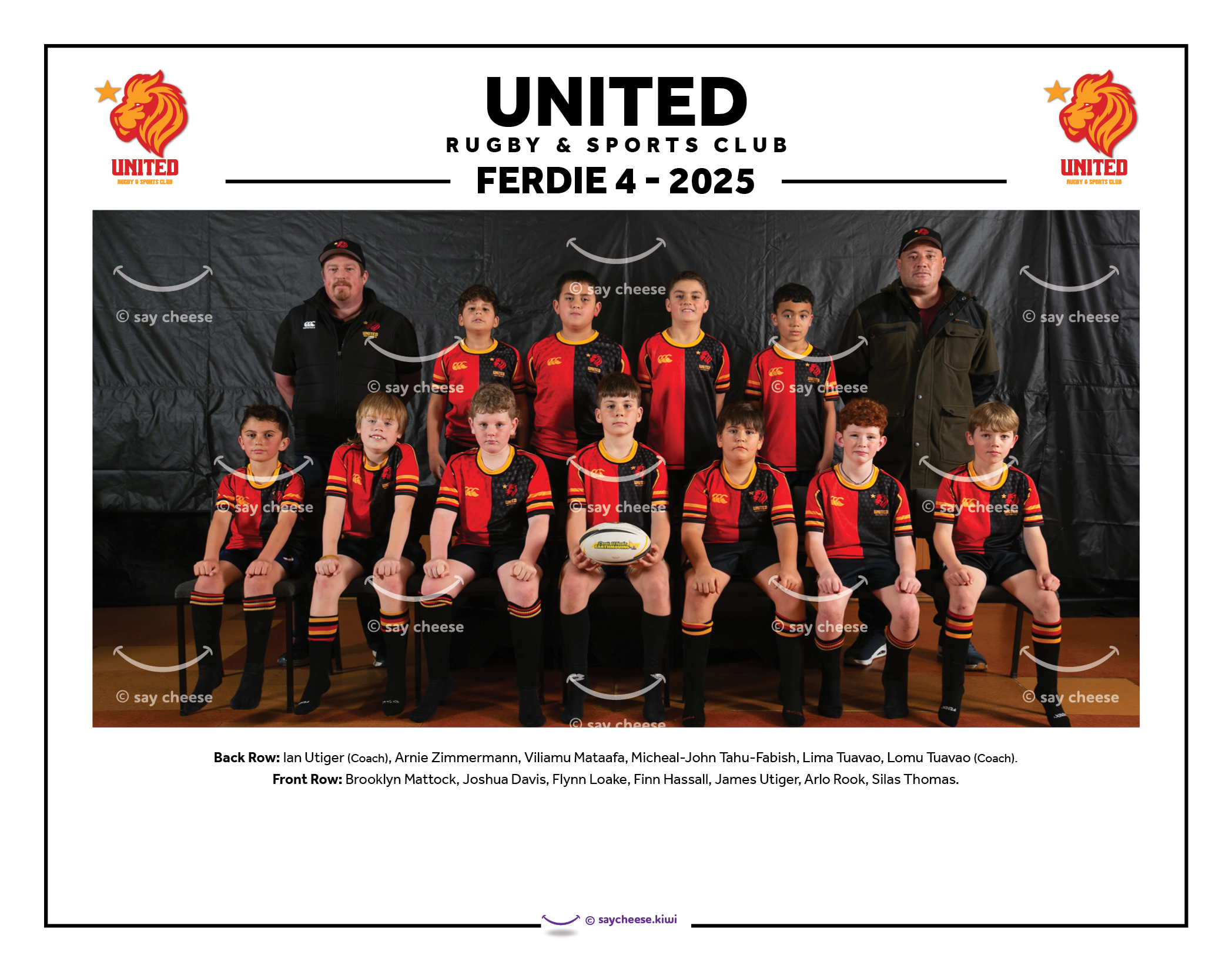 Youth rugby team photo with coaches in team uniforms, indoor setting, team posing for group shot.