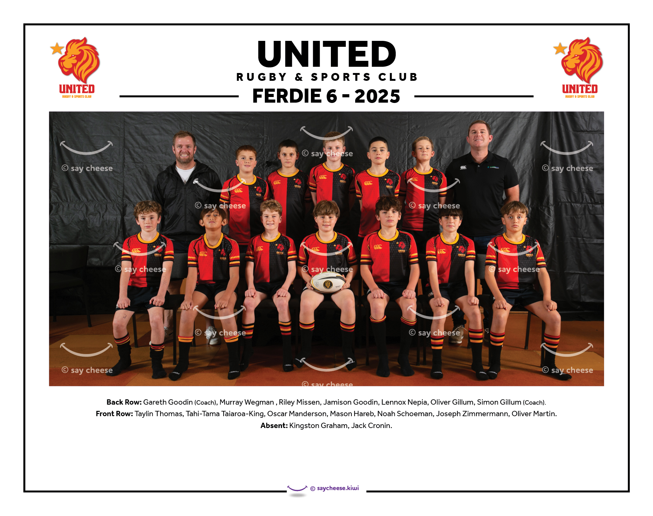 Junior rugby team photo for United Rugby & Sports Club in NZ, featuring players in red and black jerseys.