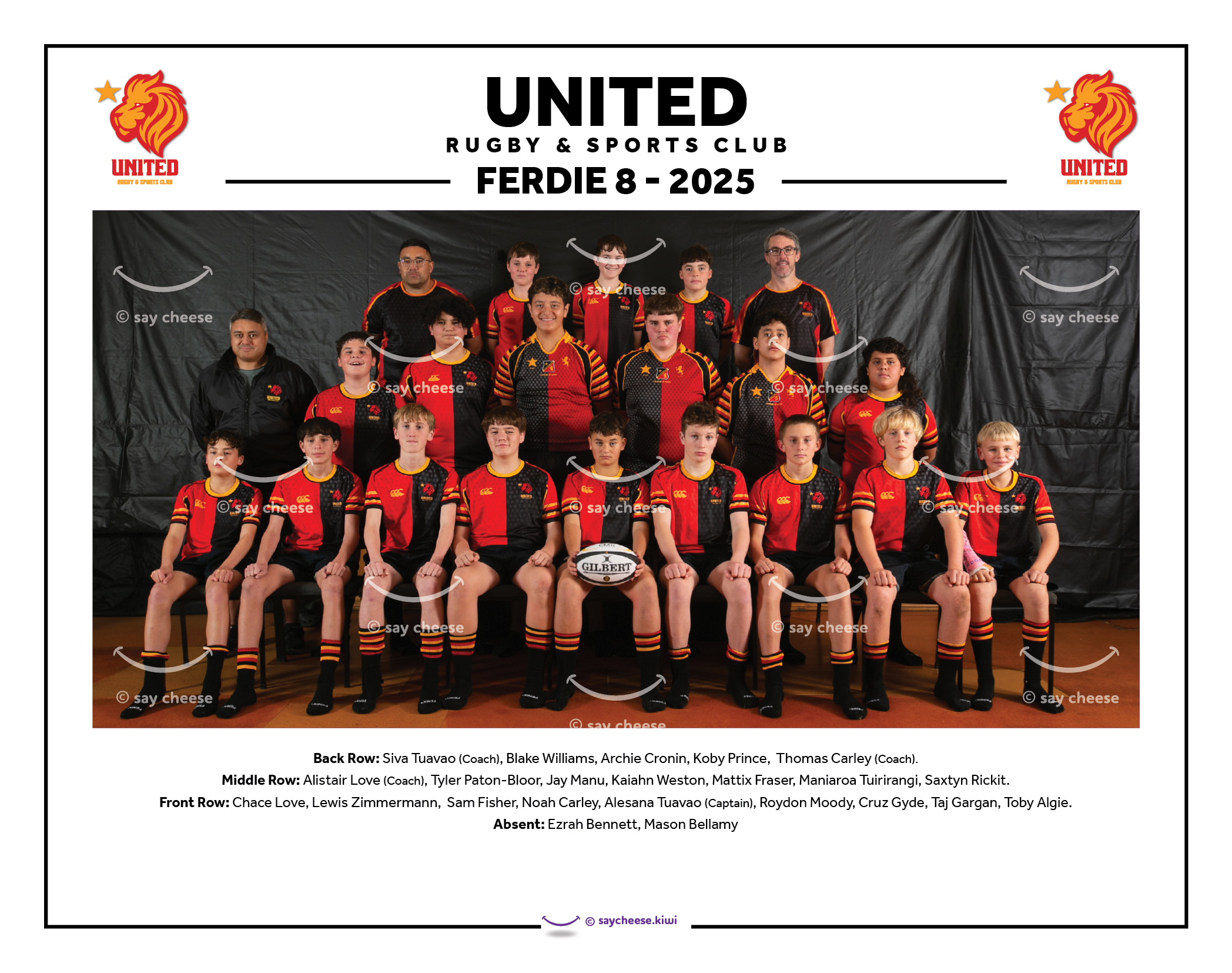 Team photo of youth rugby team in red and black uniforms for United Rugby & Sports Club.