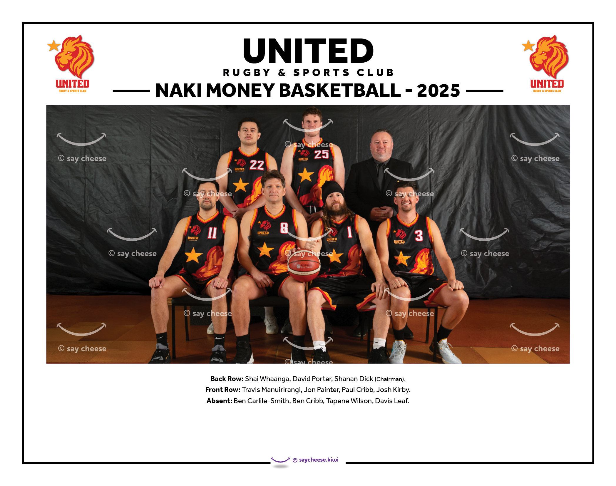 Basketball team in matching uniforms posing indoors, promoting Naki Money Basketball 2025.
