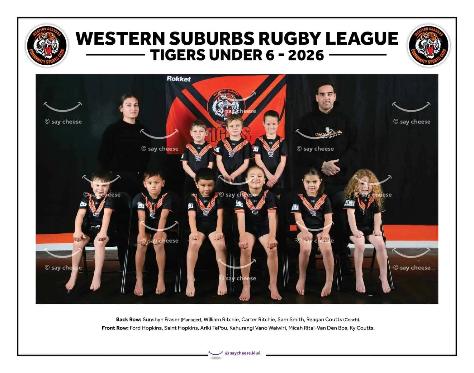 Western Suburbs Rugby League U6 Tigers team photo, young players and coaches.