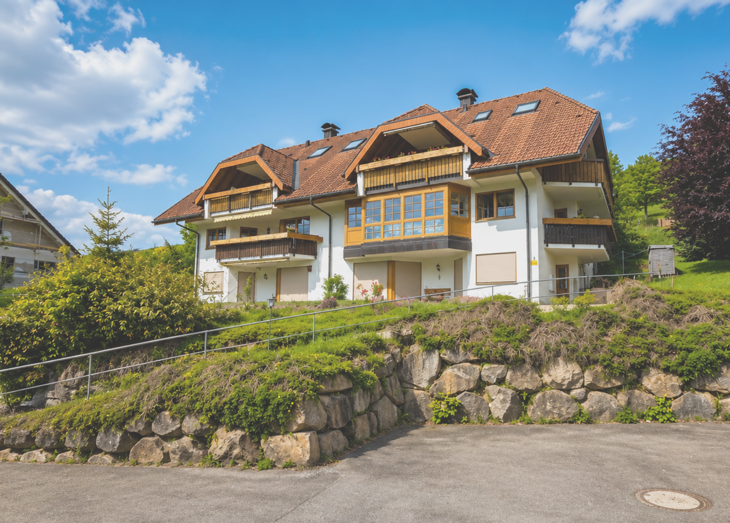 Modernes Mehrfamilienhaus mit Balkon und Garten in ruhiger Lage.