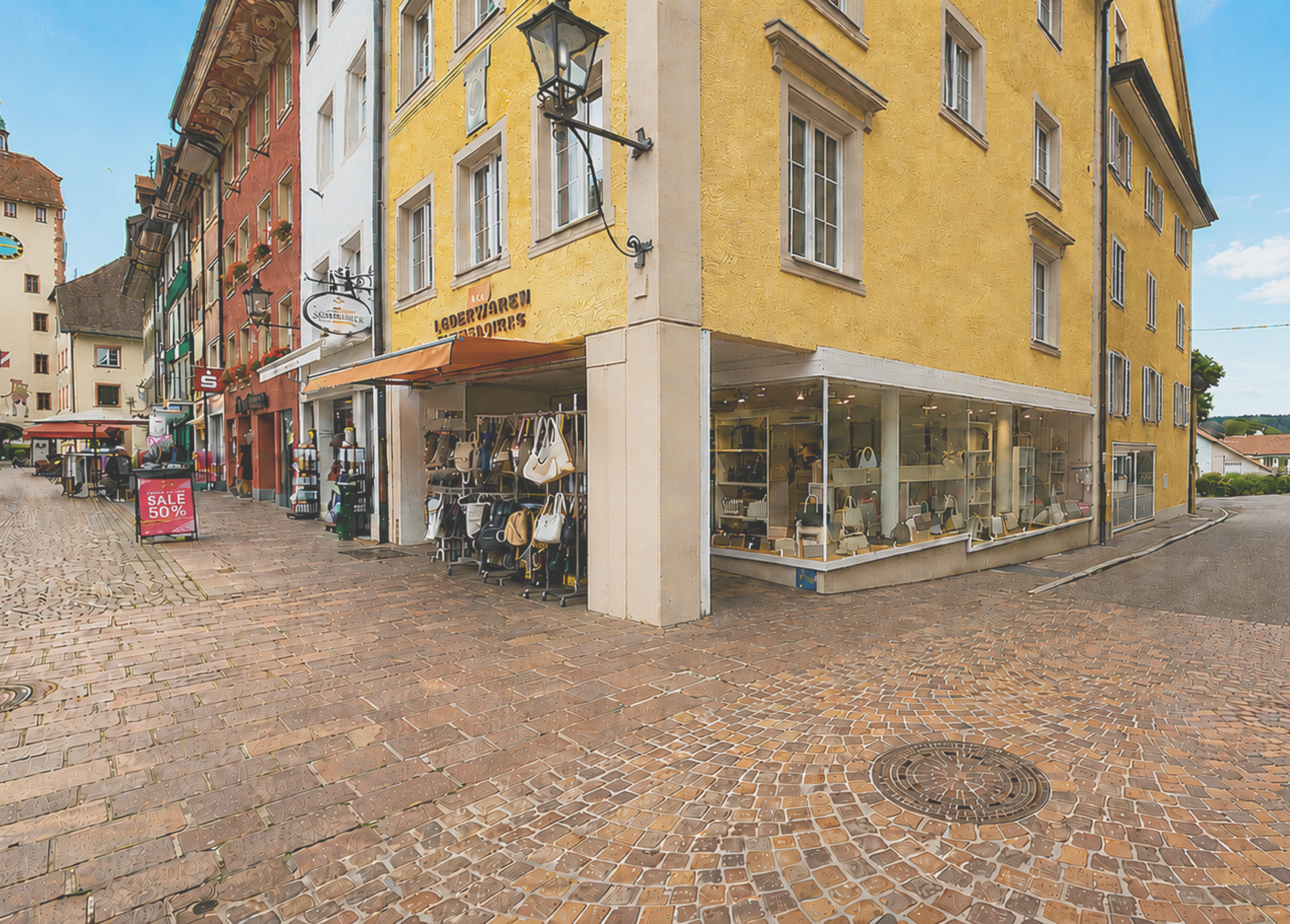 Historisches Geschäftshaus in der Altstadt mit Schaufenstern und Laden.