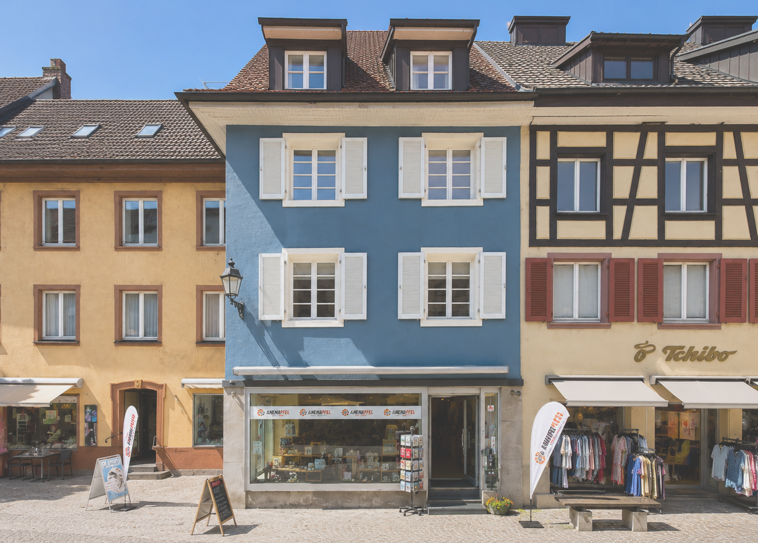 Buntes Fachwerkhaus in der Altstadt mit Geschäften im Erdgeschoss.