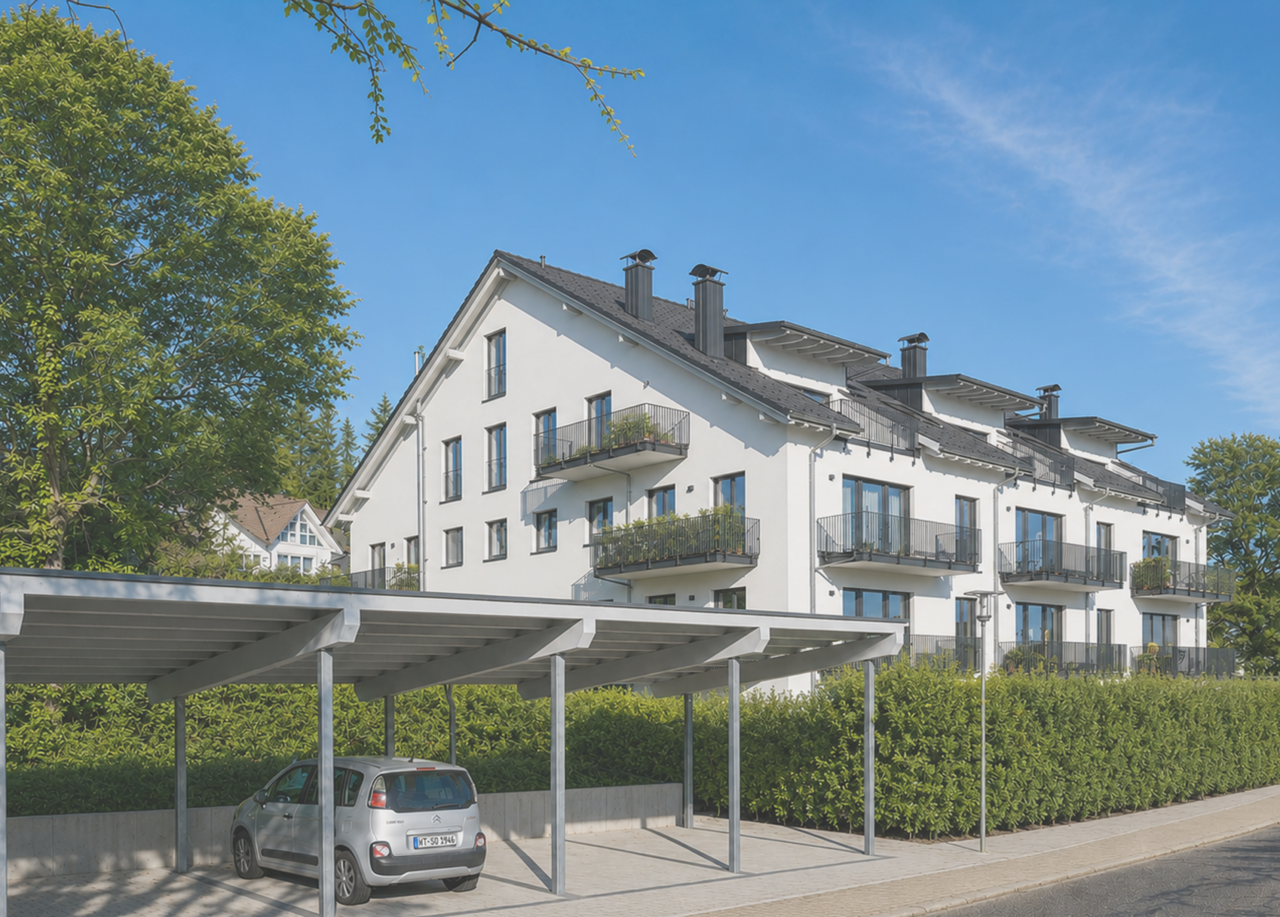 Neubau Mehrfamilienhäuser mit Balkonen und Carport in grüner Umgebung.