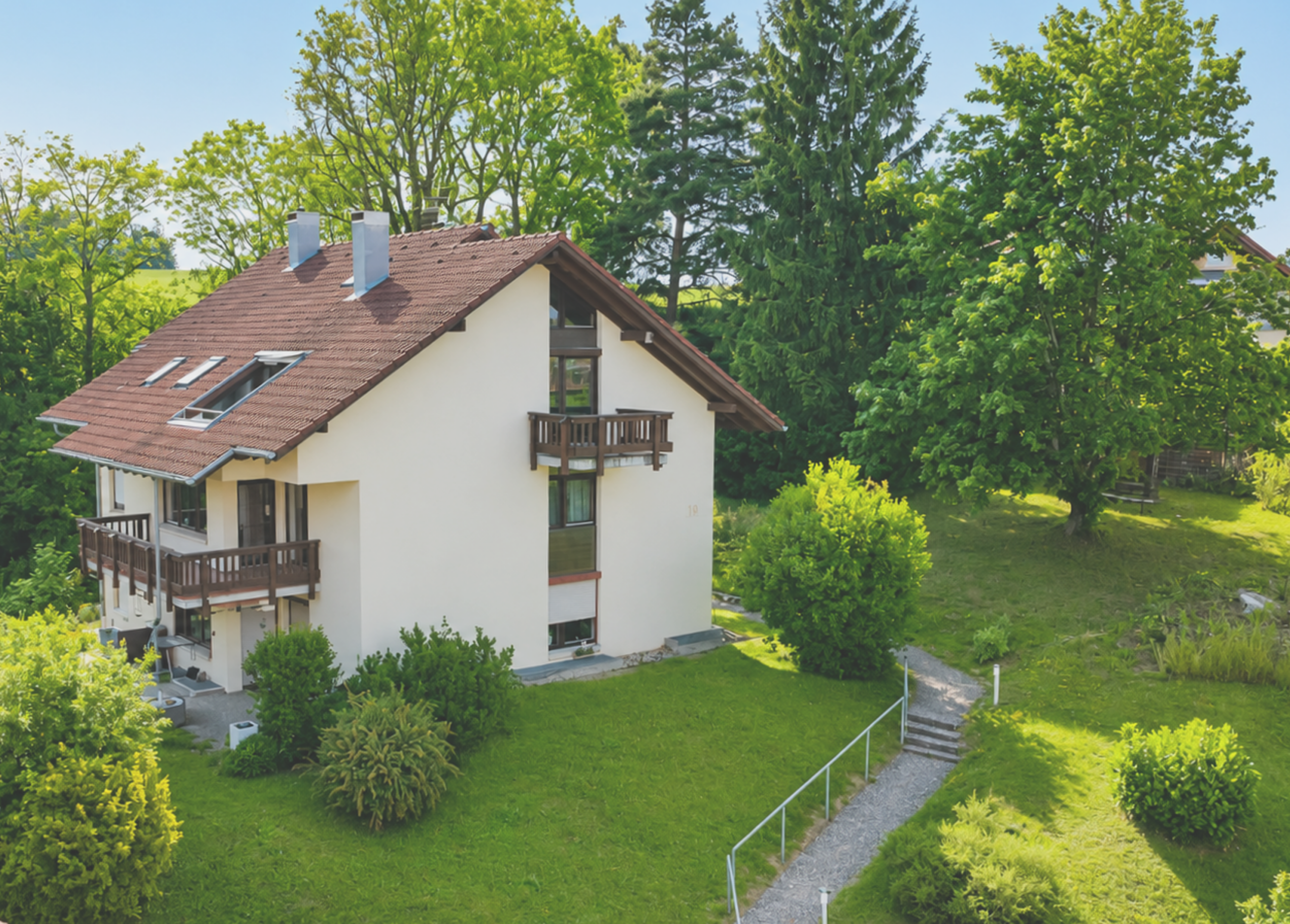 Modernes Einfamilienhaus mit Garten in grüner Umgebung.