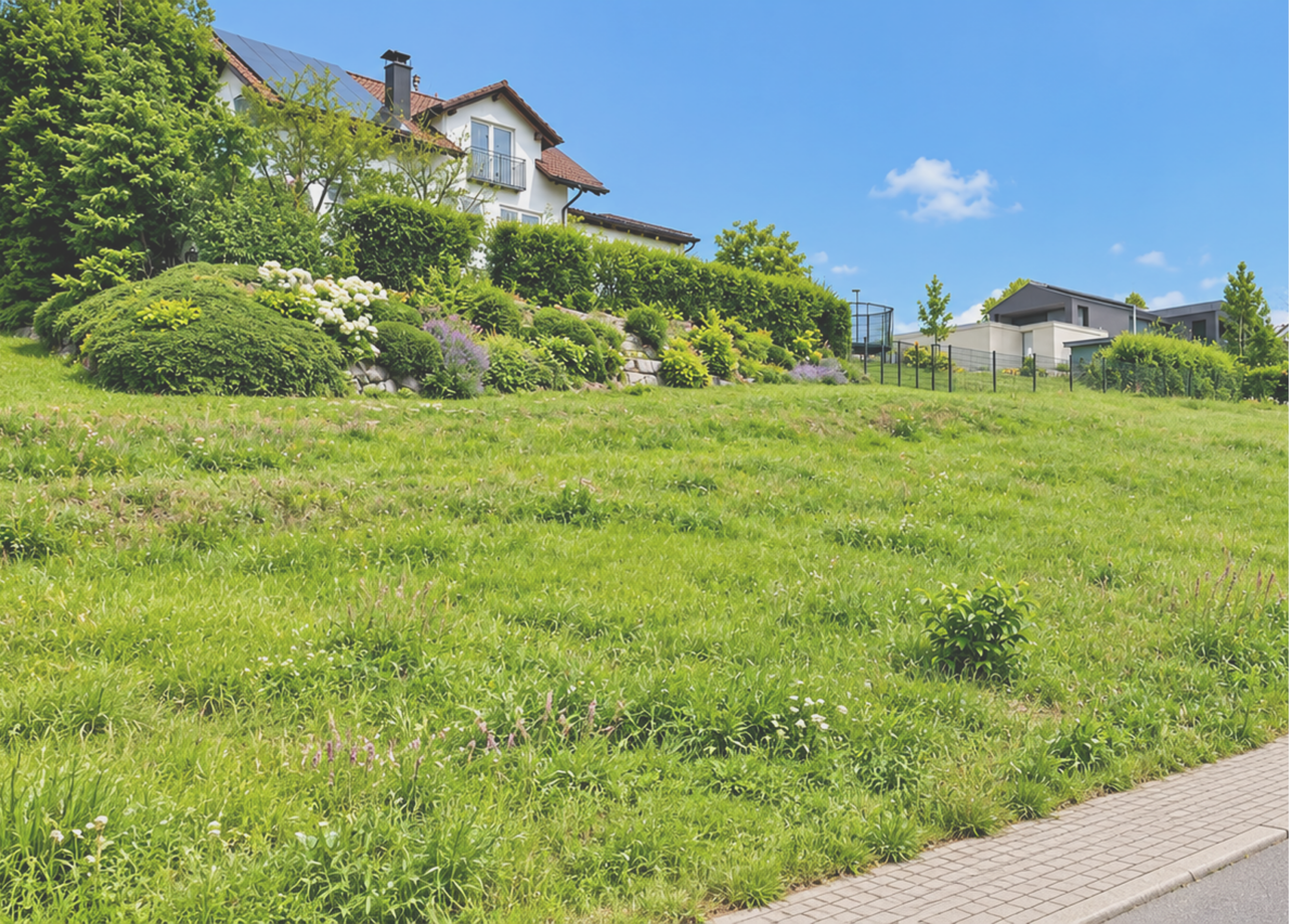 Haus mit Garten und Blick auf die Natur in Hanglage.
