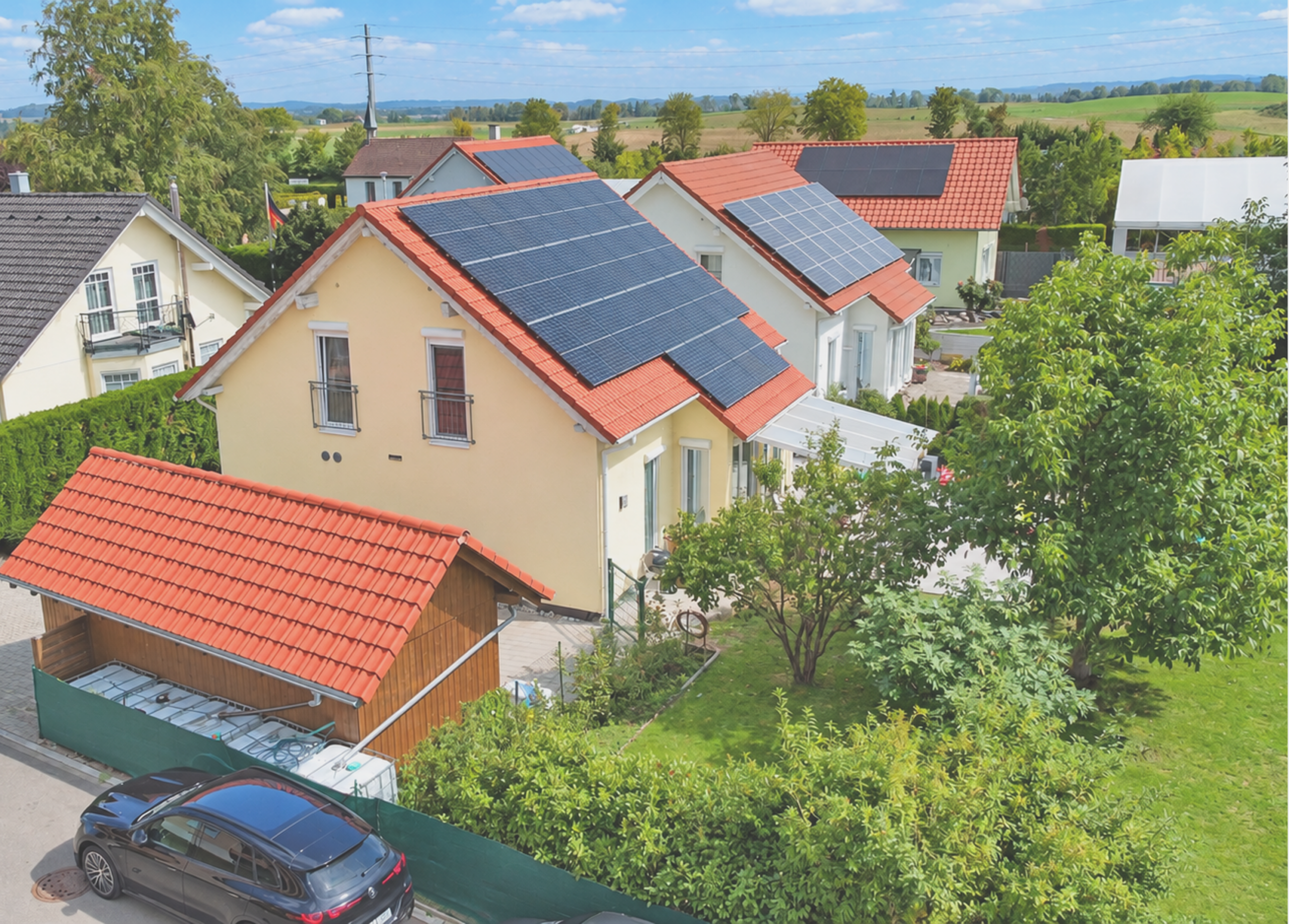 Einfamilienhäuser mit Solaranlagen auf dem Dach in ländlicher Umgebung.