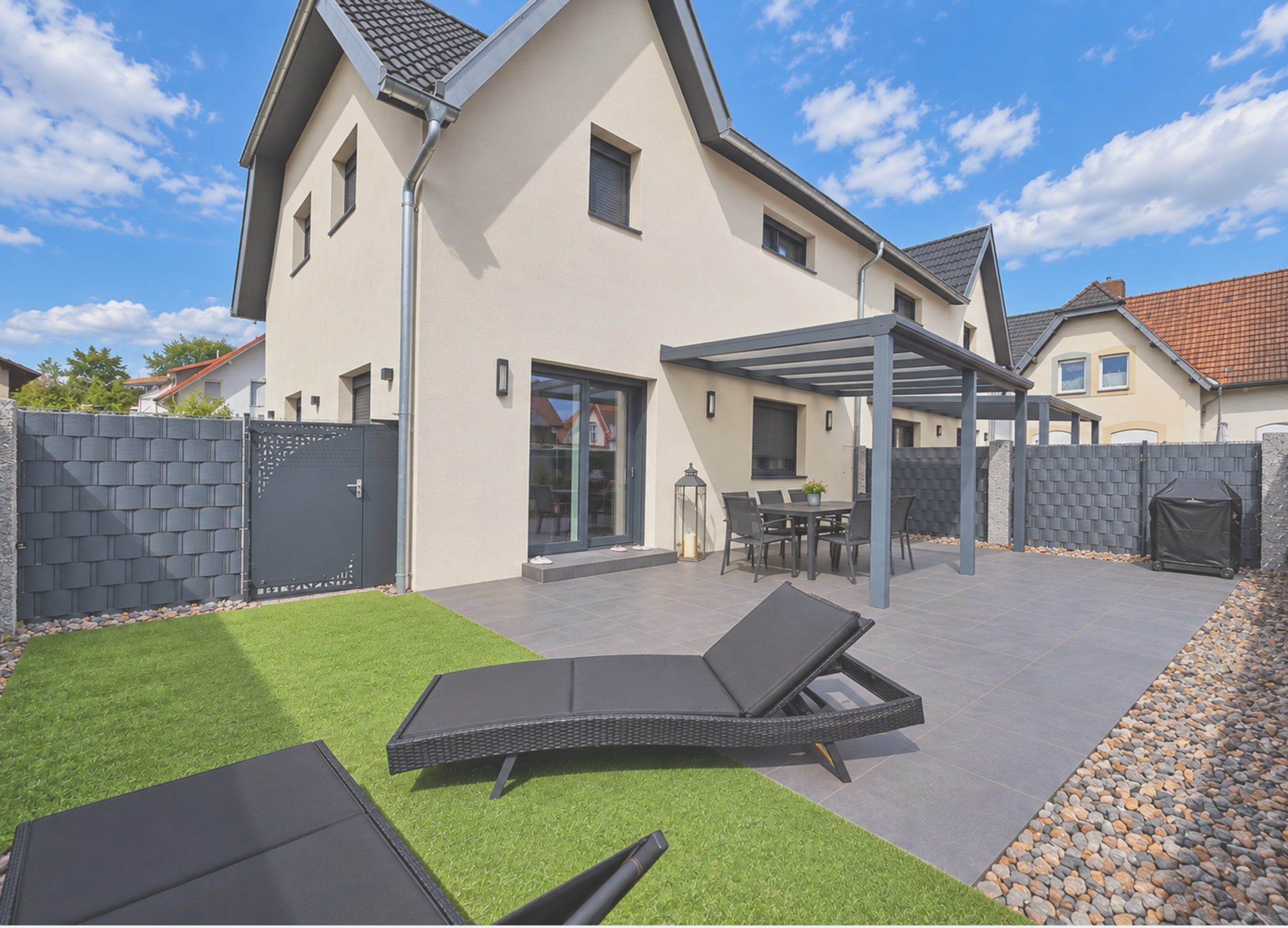 Moderne Hausfassade mit Terrasse, Garten und Lounge-Möbeln.