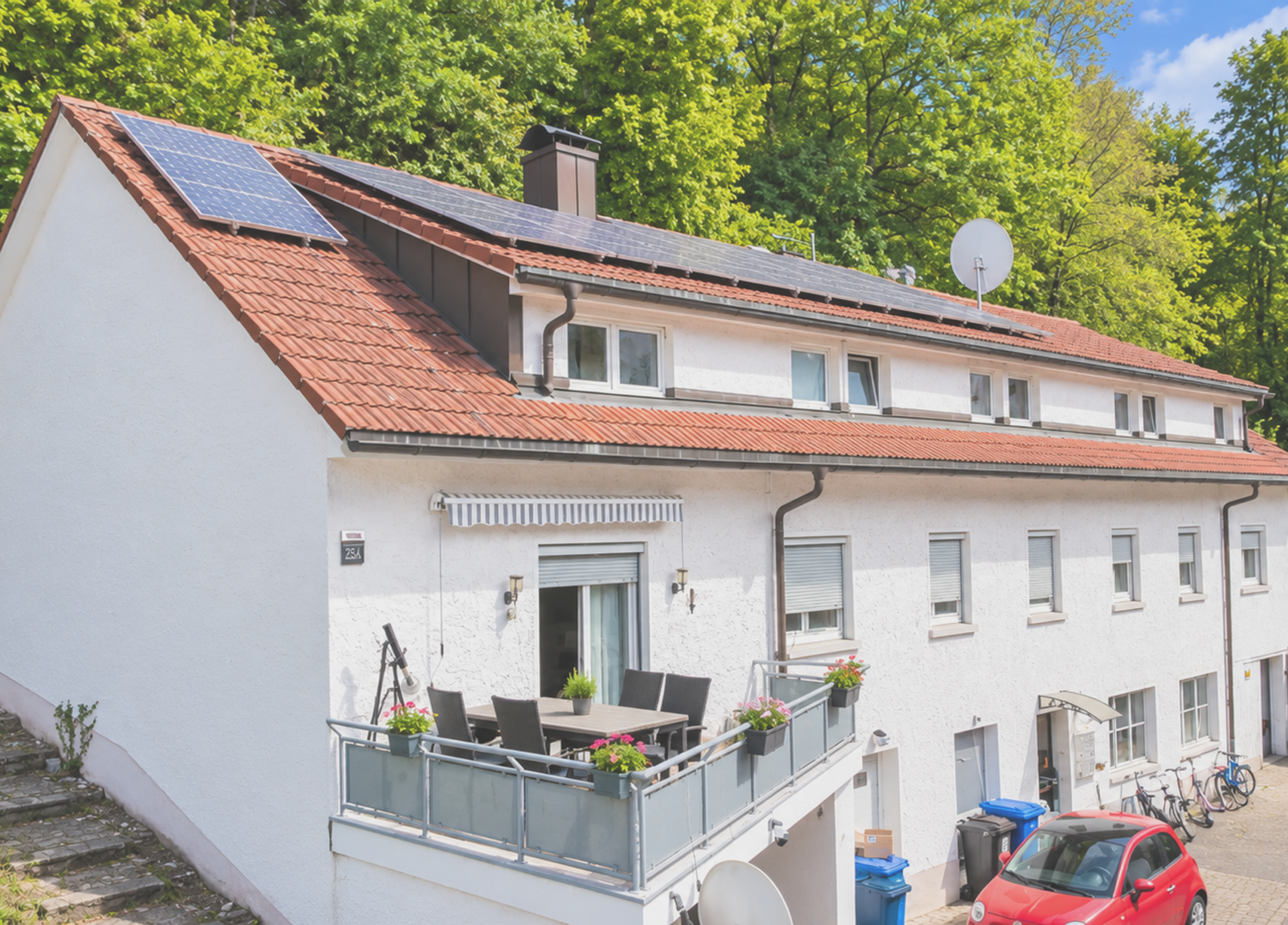 Mehrfamilienhaus mit Solaranlage und Balkon in grüner Umgebung.