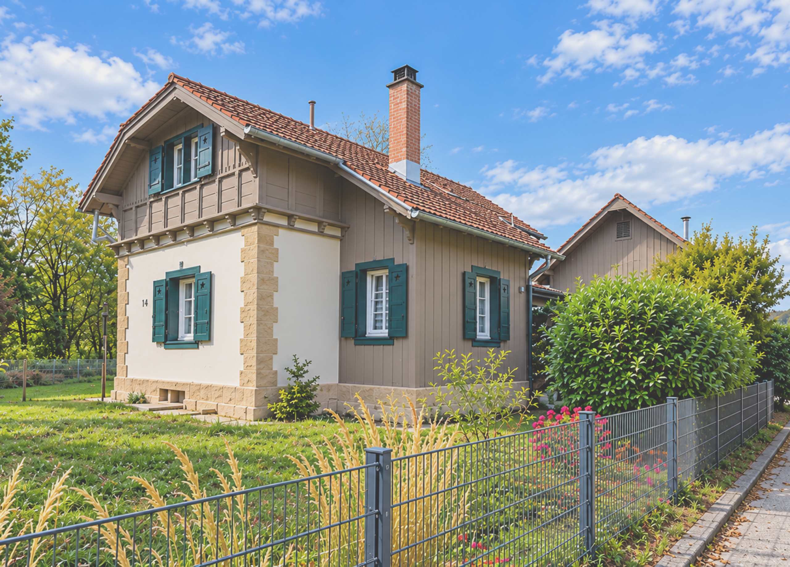 Gemütliches Haus mit grüner Gartenumgebung und blauen Fensterläden.
