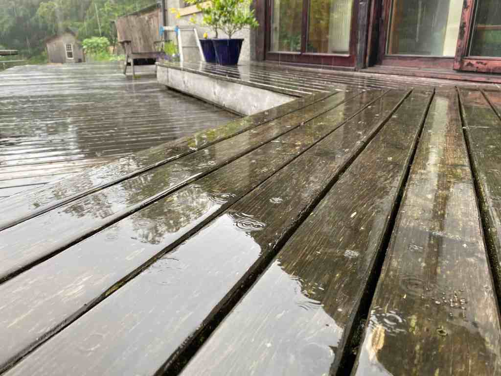 A larch deck in the rain, with raindrop patterns on the surface of the water