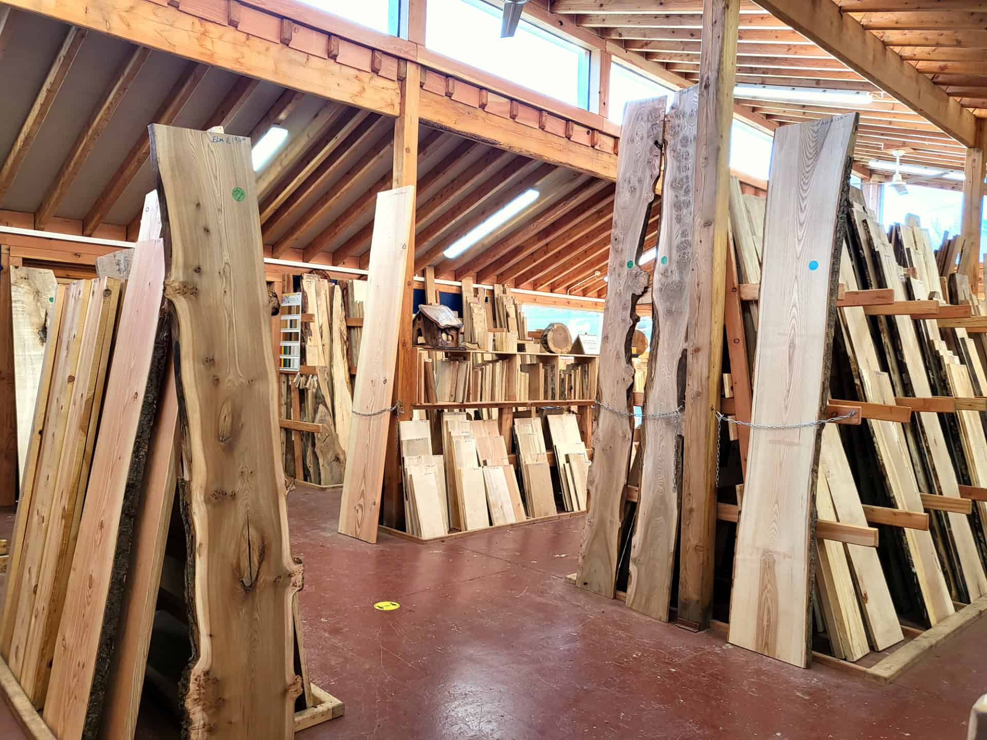 The interior of the Scottish Wood Showroom with many boards of different hardwoods