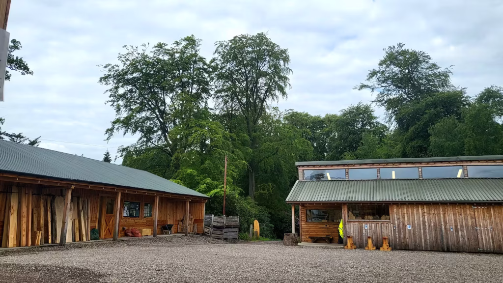 View of the Scottish Wood timber shops, clad in Scottish larch cladding