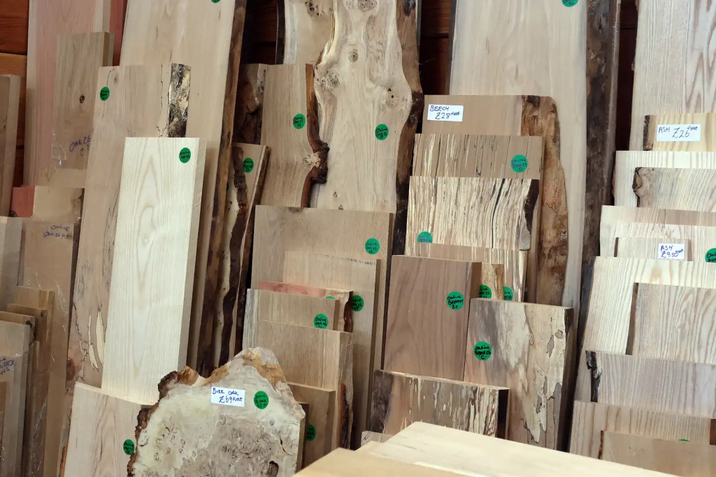 Selection of Scottish hardwood boards in the Scottish Wood timber shop, ideal for furniture making and joinery