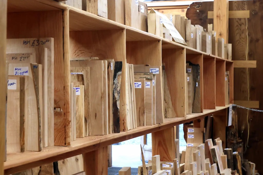 Shelves filled with kiln dried offcuts in the Scottish Wood timber shop