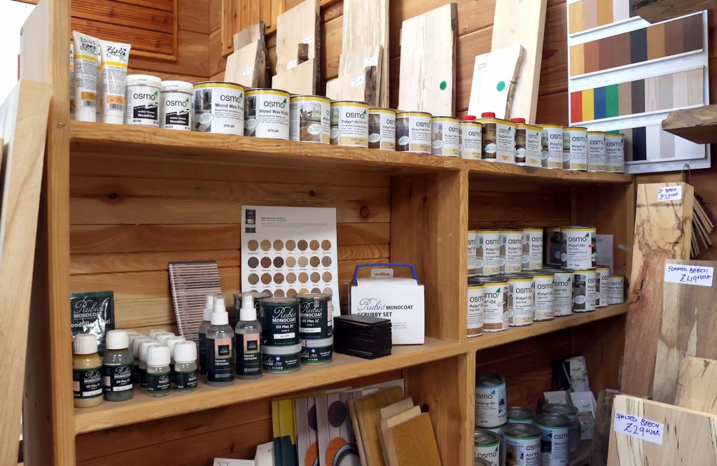 Shelf with finishes and fillers for sale in the Scottish Wood timber shop