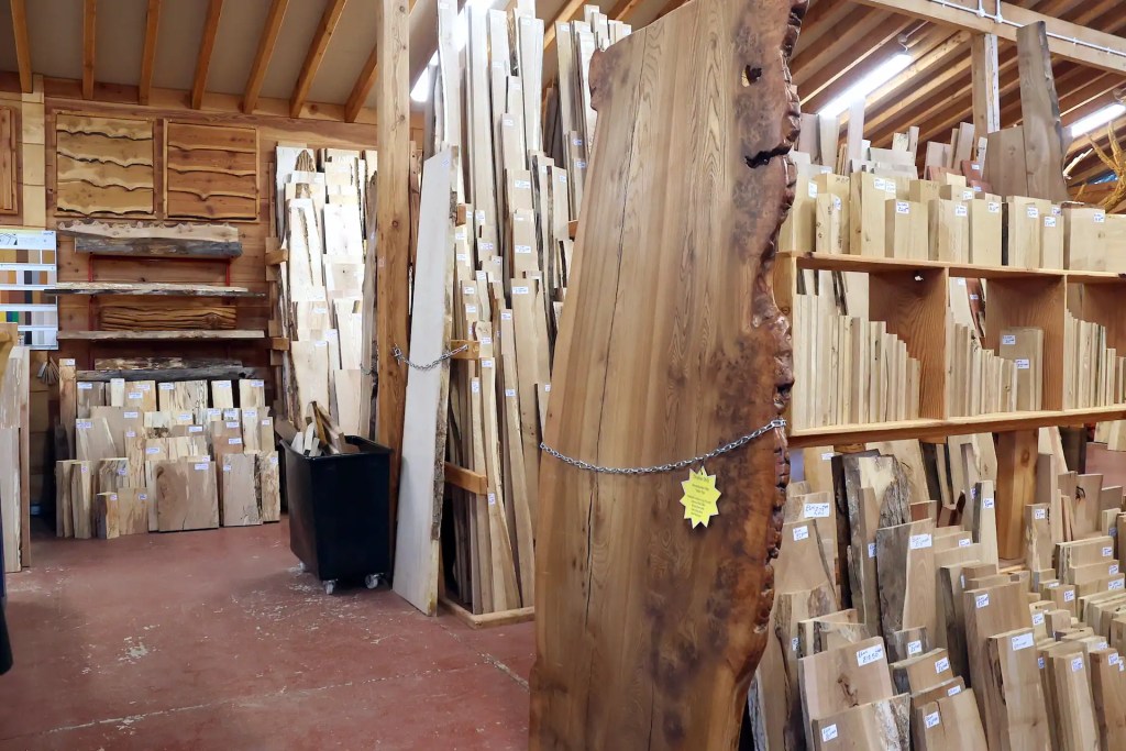 Larch live edge burr elm table top on display in the timber shop