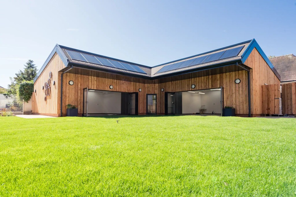 Exterior of P.A.S.S PAVILION in London built by Thornwood Design and Build, clad with Scottish Wood larch shadow gap cladding.