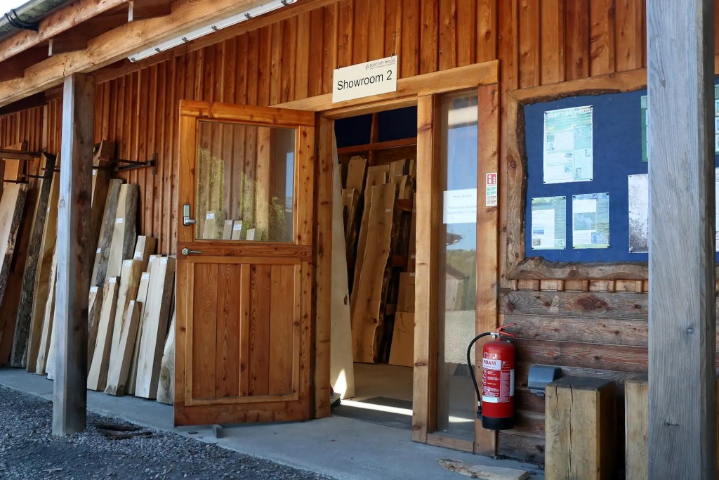 A view outside the Scottish Wood timber shop of the "big board room" - where Scottish Word stocks thicker hardwood boards and slabs