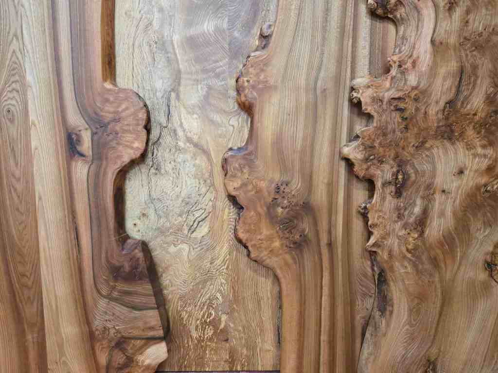 Photos of hardwood elm boards on the shelf of Scottish Wood timber shop