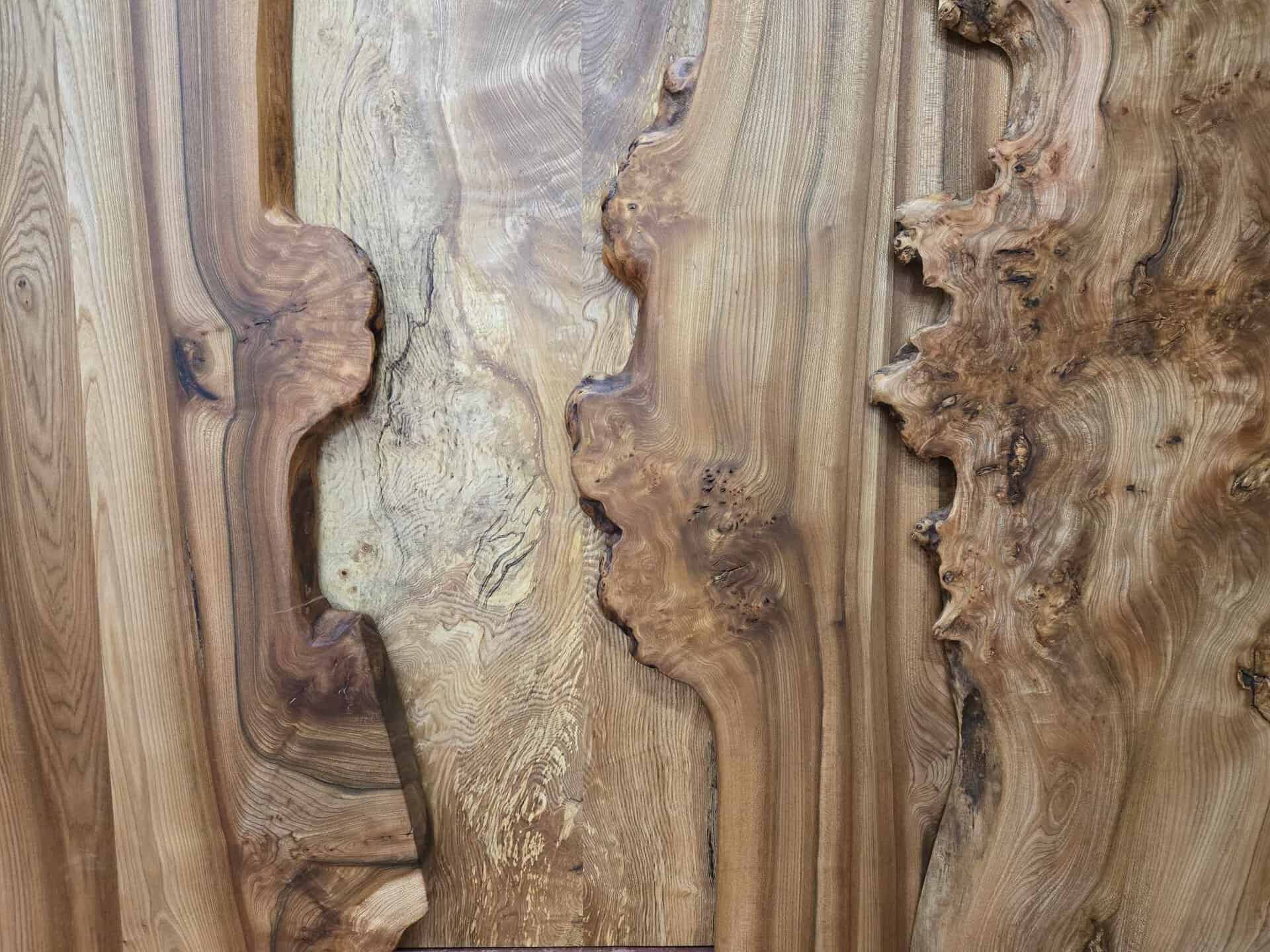 Photos of hardwood elm boards on the shelf of Scottish Wood timber shop