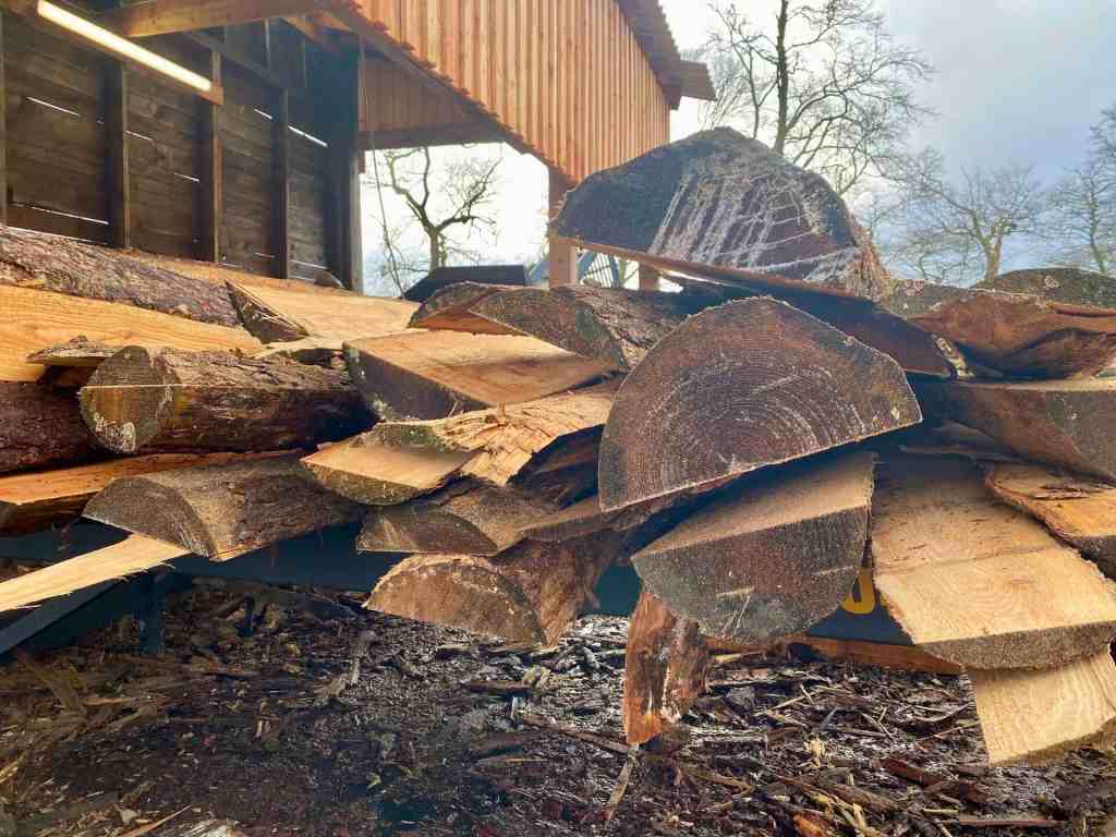 Stacked Scottish Wood timber boards with rough edges and natural grain.