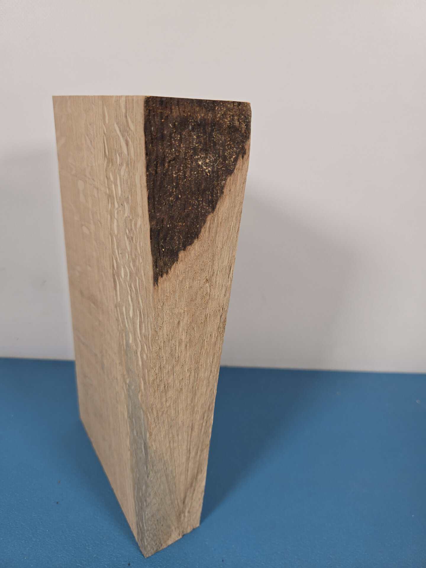 Figured oak offcut with natural grain and dark end grain detail.