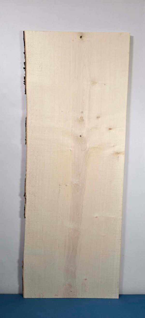 Natural edge Sycamore timber board with smooth planed surface and irregular edge.