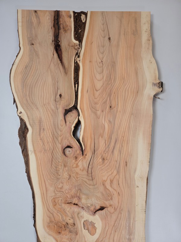 Rustic yew timber board with natural edges and unique grain patterns.