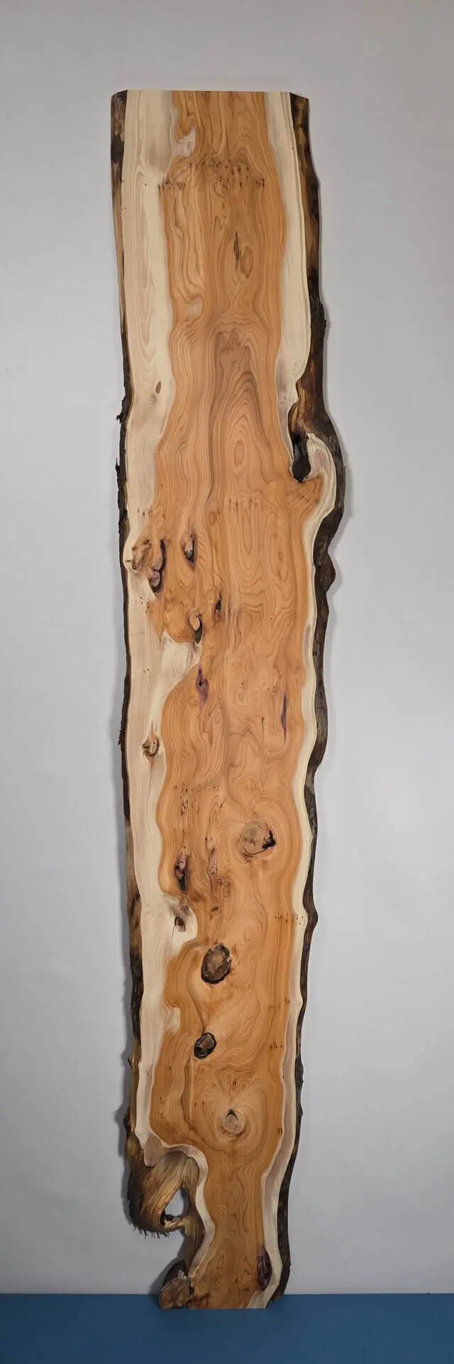 Bold Yew timber board with natural edge and rich grain detail.