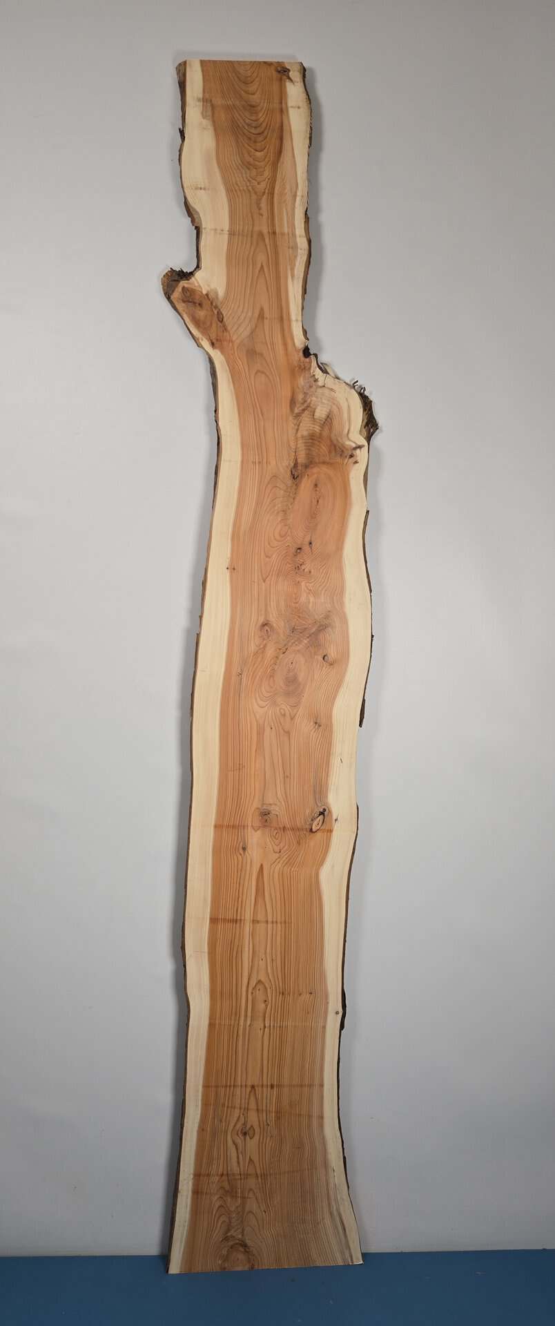 Narrow Yew timber board with natural edges and smooth planed surface.