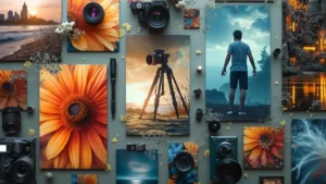 Photography equipment with scenic landscape photos.