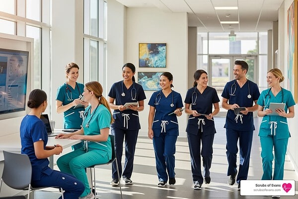 Happy nurses in scrubs from scrubs of evans
